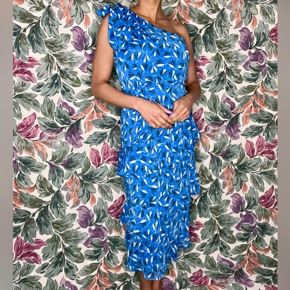 Bright Blue Floral Whistles One Shoulder Midi Dress - Picture 2 of 5